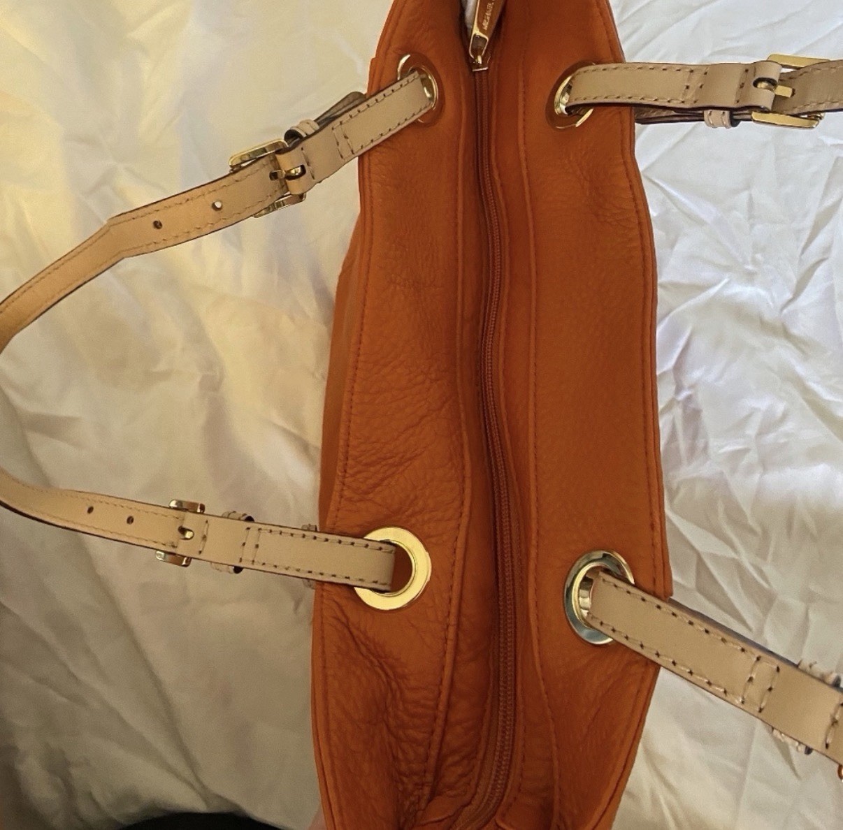 Michael Kors Large Orange Tote Zip Top w/ MK Charm, Beige Straps, Gold HW