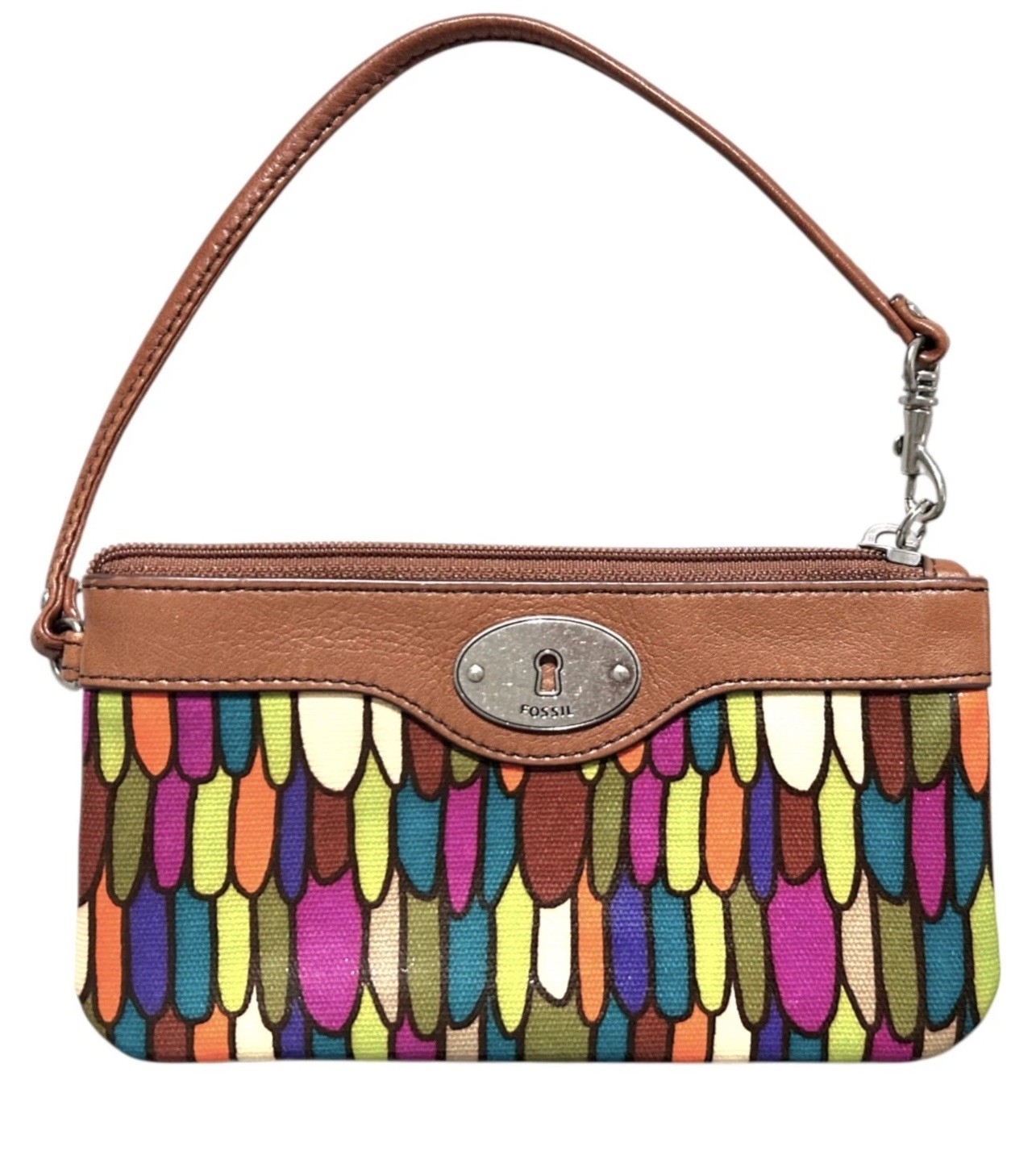 Fossil Key-Per Corner Zip Wristlet Wallet Multi Color Coated Canvas Leather Trim
