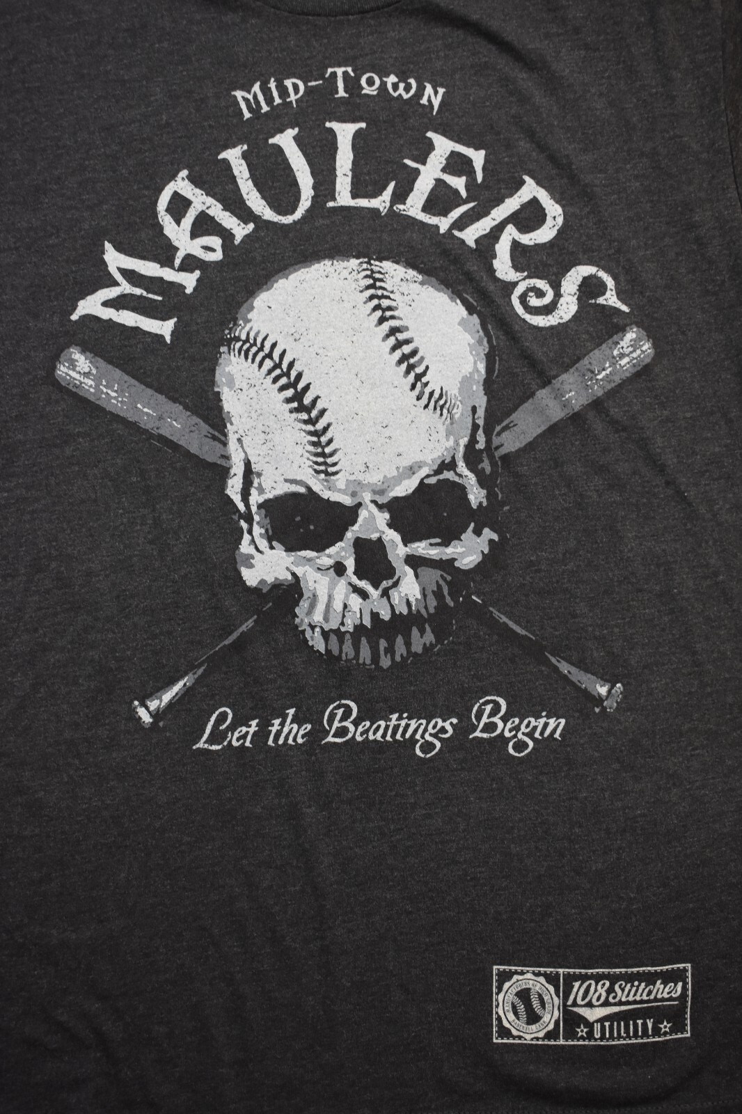 108 Stitches Mens Mid-Town Maulers Baseball Let The Beatings Begin Shirt NWT S,M