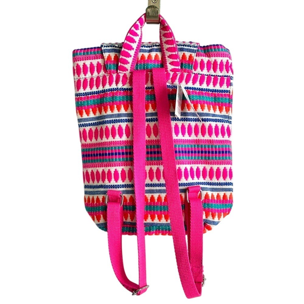 NEW Accessorize Hot Pink Embroidered Boho Woven Backpack Beaded Tassel