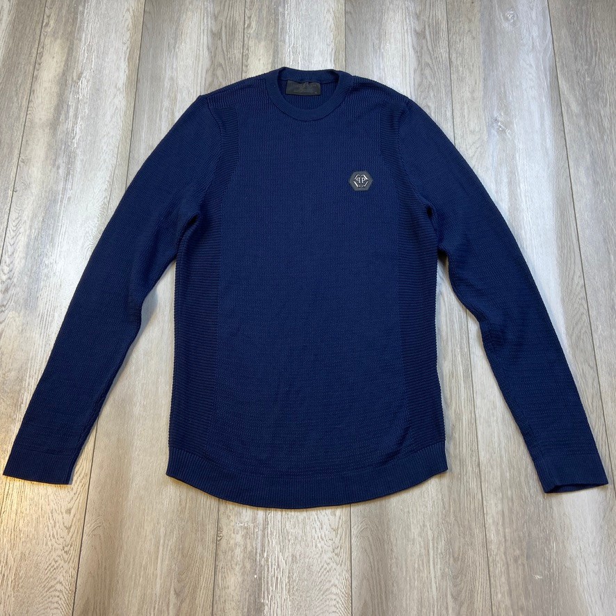 Philipp Plein Knit Sweater Mens XL Blue Slim Skinny Daylight Round Neck Men