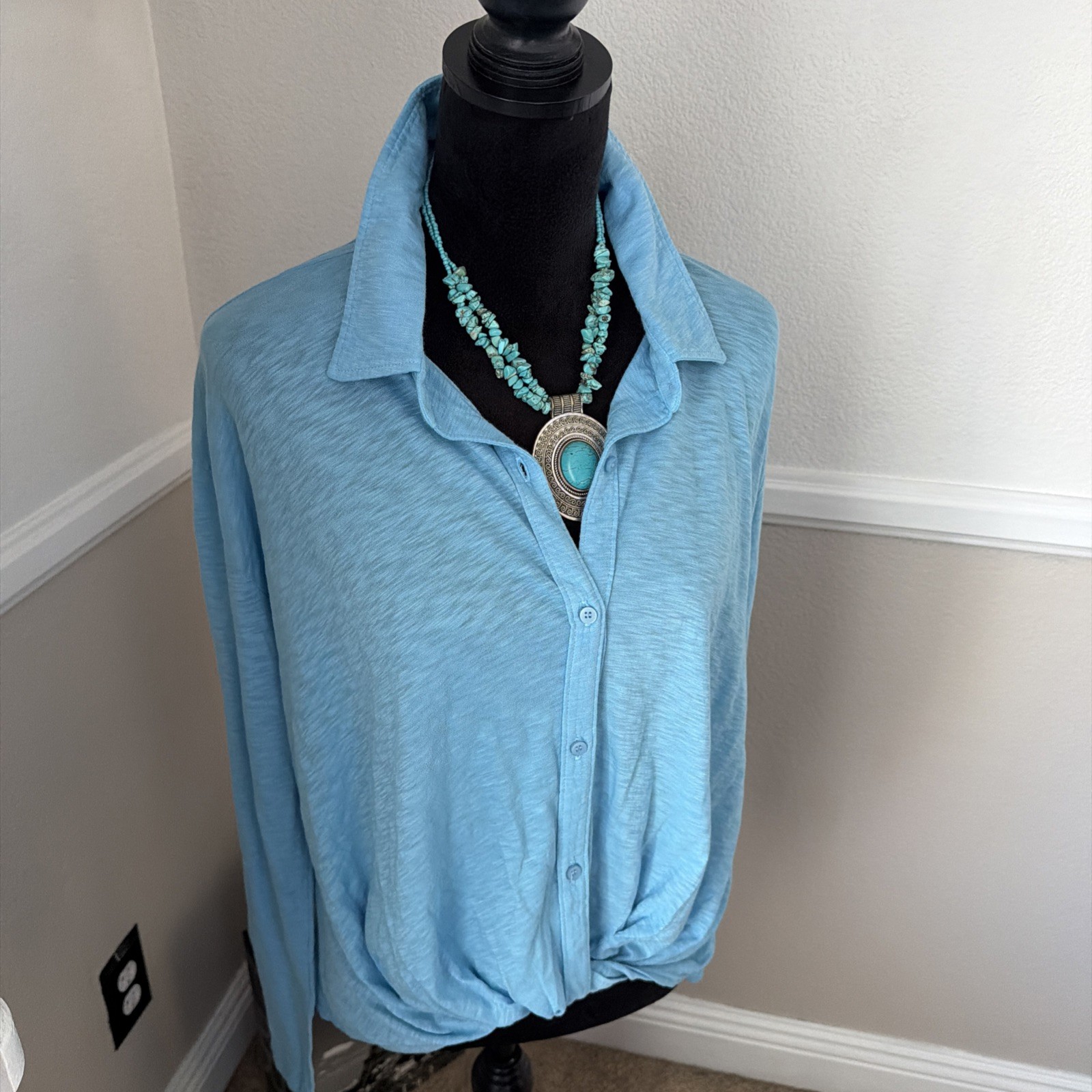NWT Stateside 100% Supima Cotton Collared Twist Front Top Button Front Blue L