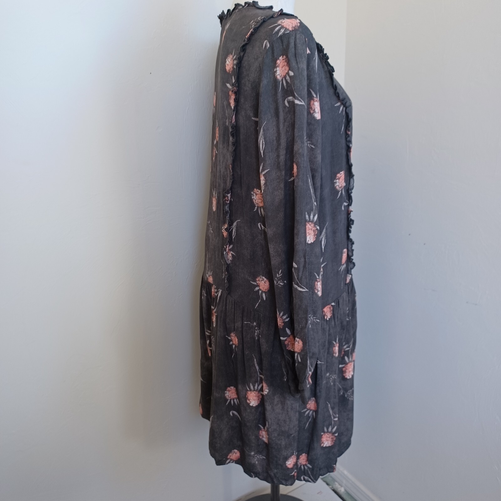 Caslon Dress Womens Med Brown Pink Floral Long Sleeve Drop Waist Tie Neckline
