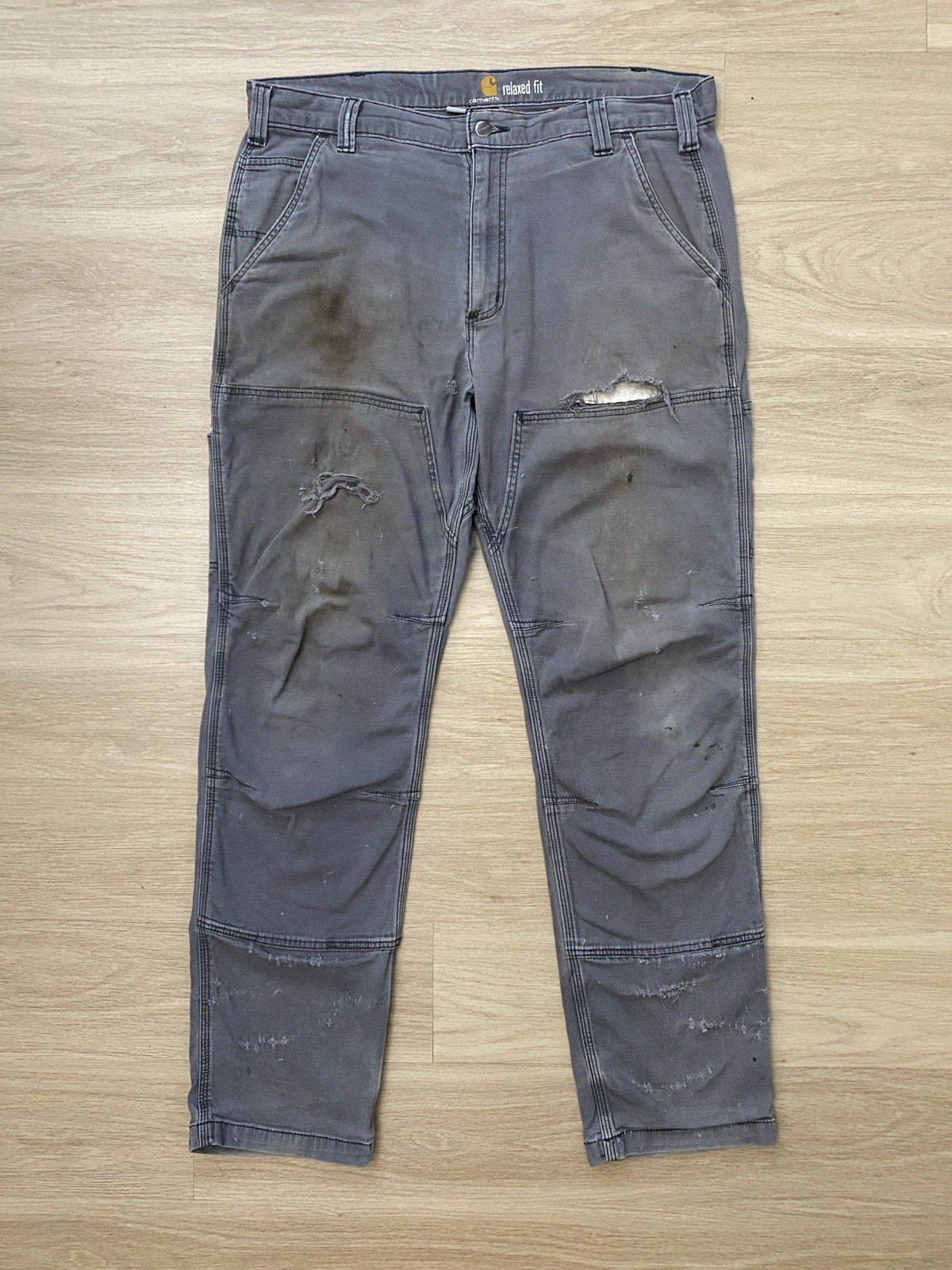 Carhartt Relaxed Straight Pants Men 36×32 Gray Double Knee Distressed 102802-029