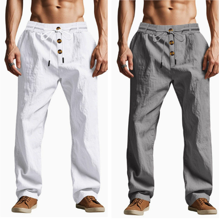 Men Casual Linen Pants Elastic Waist Drawstring Summer Beach Trousers withPocket