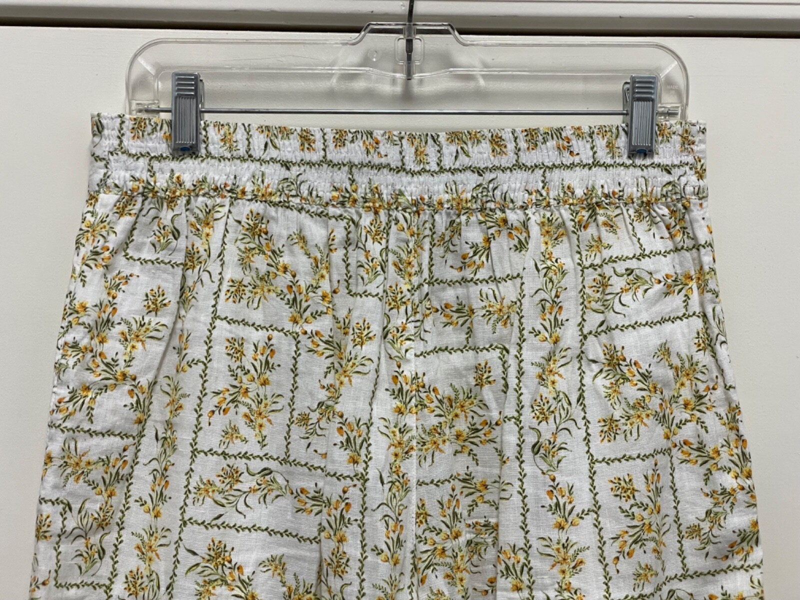 JOIE LINEN PANTS-White, Full Leg, Elastic Back Waistband, Green/Yellow Floral, M