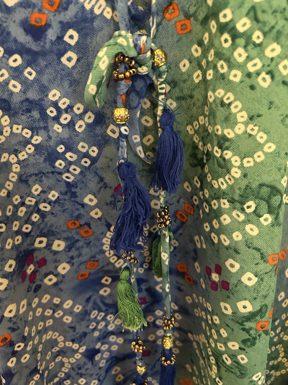 Swim Cover Up Blue And Green Printed With Tassels Pompom Design Size L