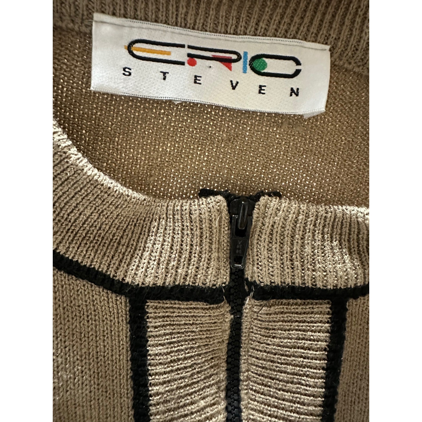 Vintage Eric Steven 2-Piece Knit Sweater Skirt Set Tan Beige Black Trim 80s