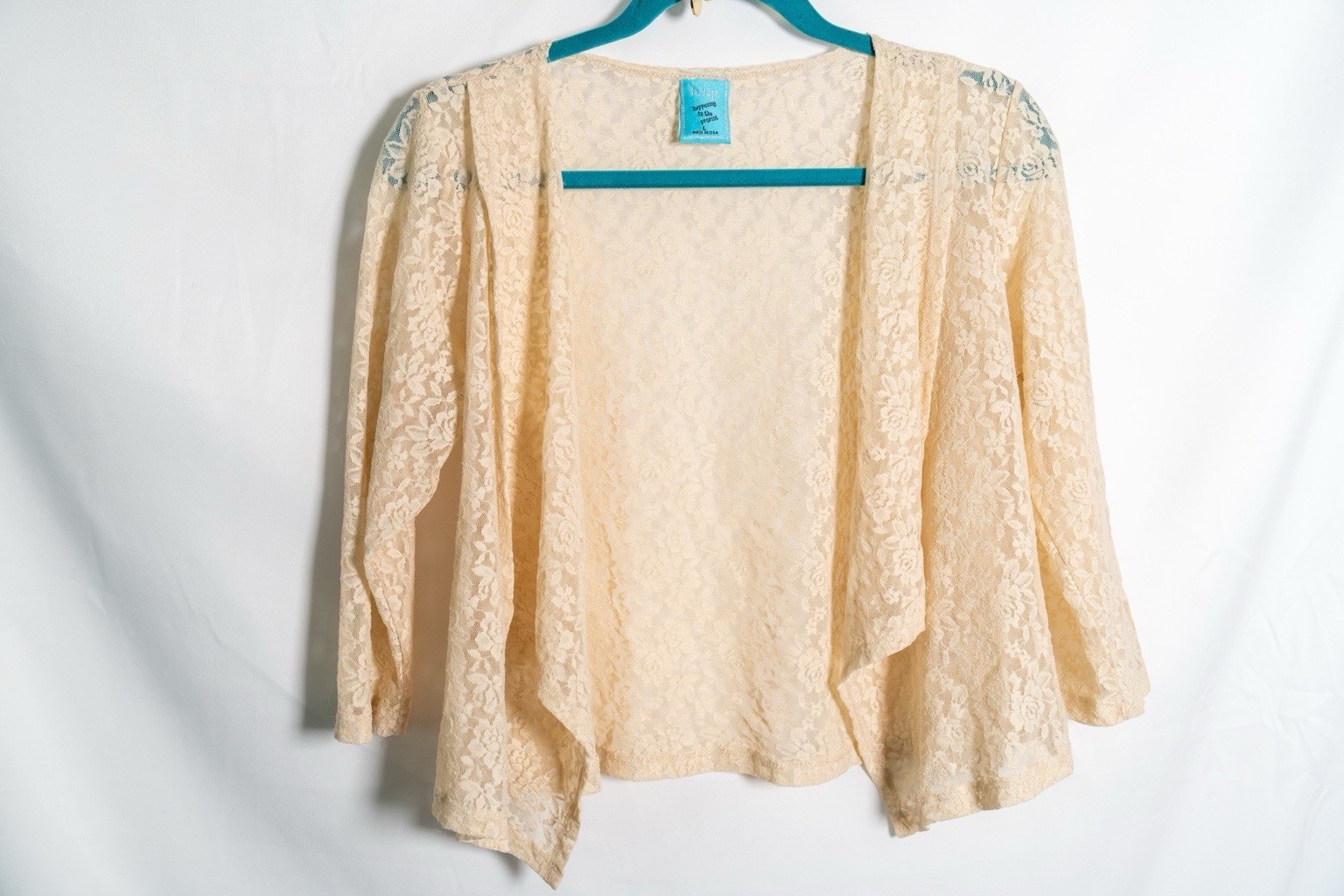 Women’s Beige Floral Lace Accent Open Front Short Jacket 3/4 Sleeve Casual