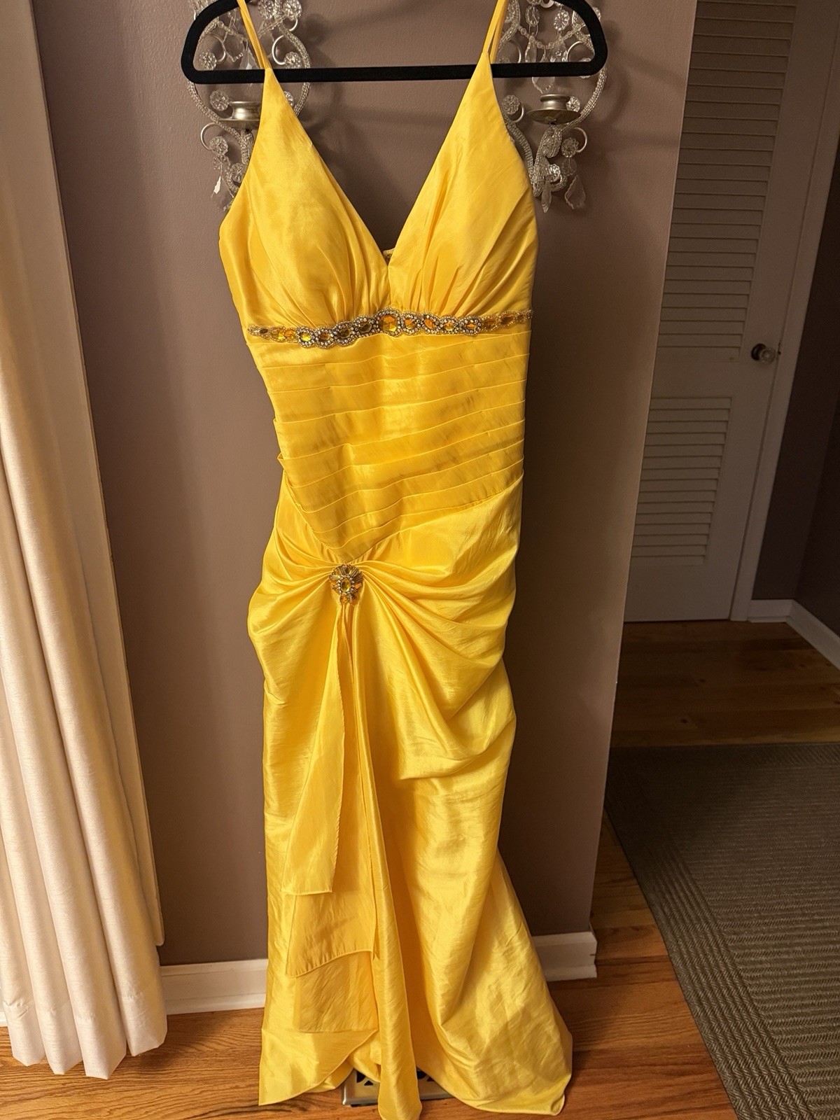 Tiffany Designs Yellow Satin Beaded Rhinestone V-Neck Long Gown 16 Zip