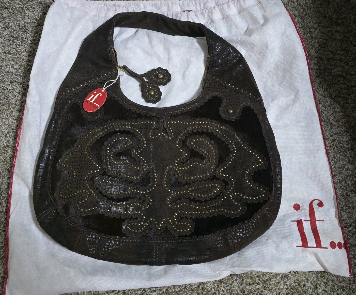 Isabella Fiore NWT, Brown Leather/Calf Hair Studded Hobo Bag, Aldic Ging RARE