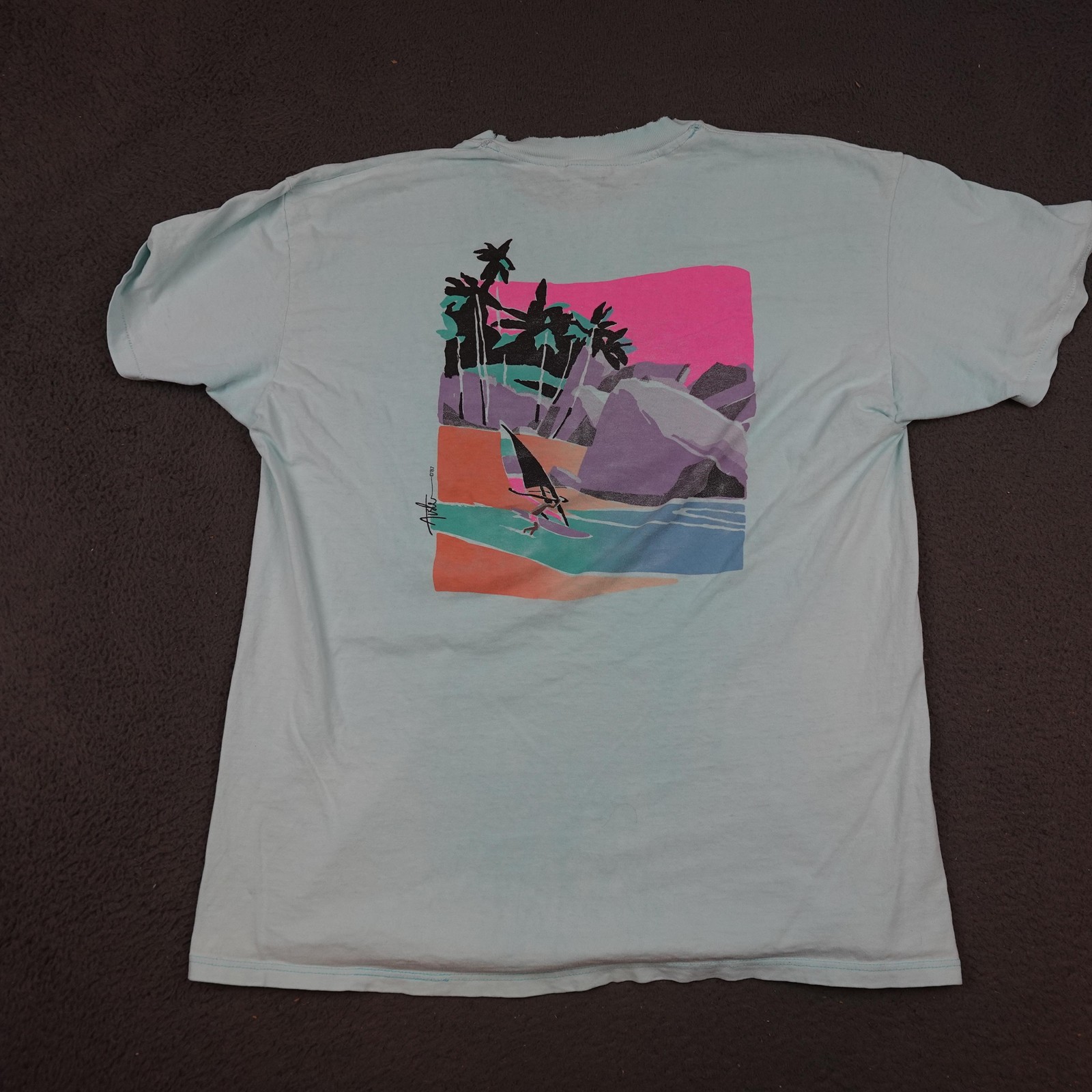 Vintage Zuma Beach Shirt Mens Medium Blue Equator Palm Tree Windsurfing 80s 1987
