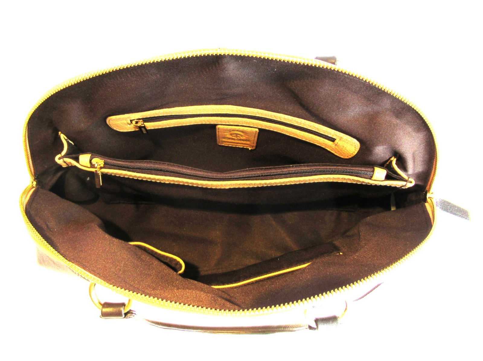 Celsius Large Leather Handbag/Purse Black and Tan Gold Tone Metal Hardware