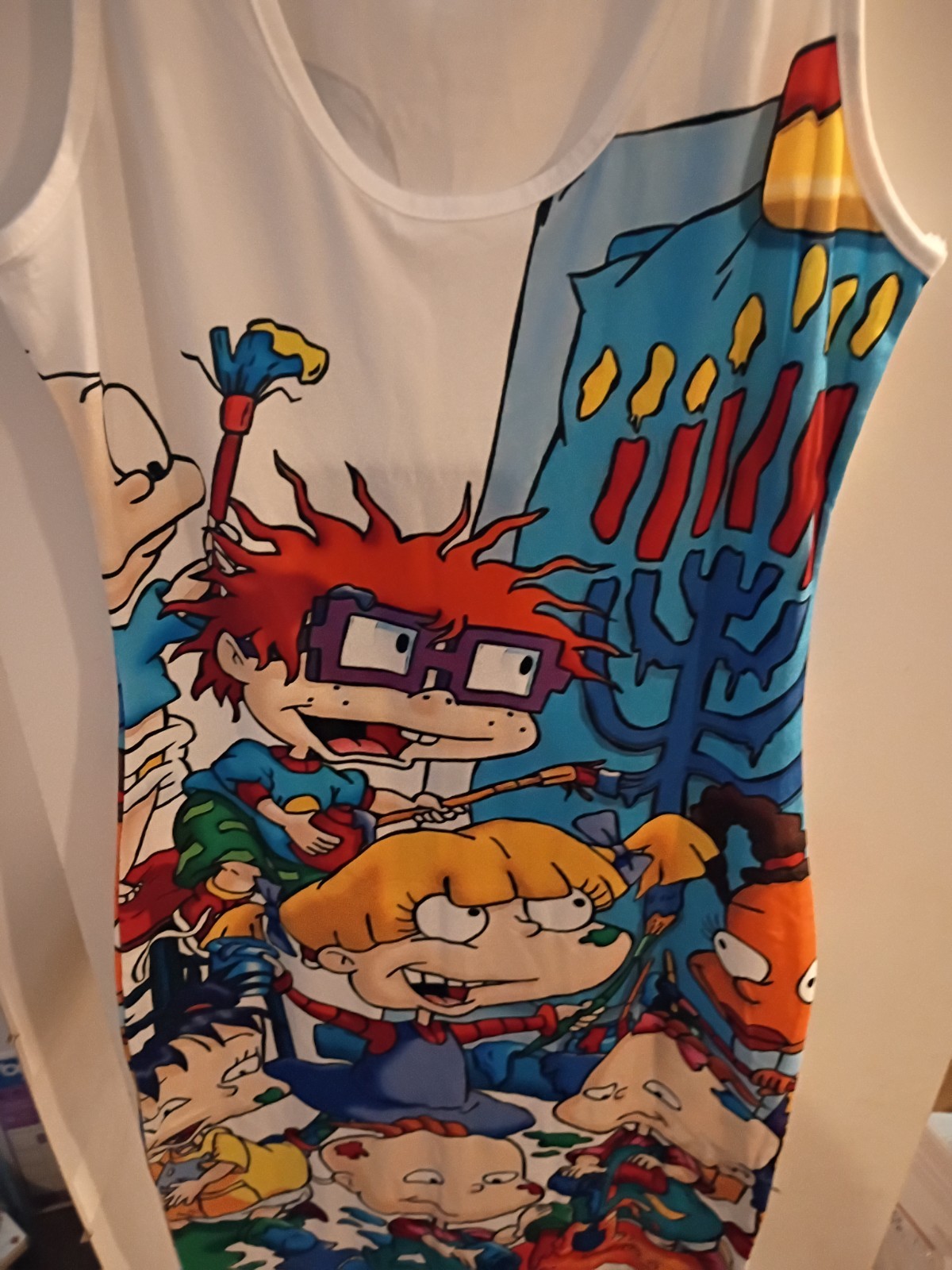 White Cotton Knit Rugrats Graphic Print Tank Top Scoop Neck Pullover Size S