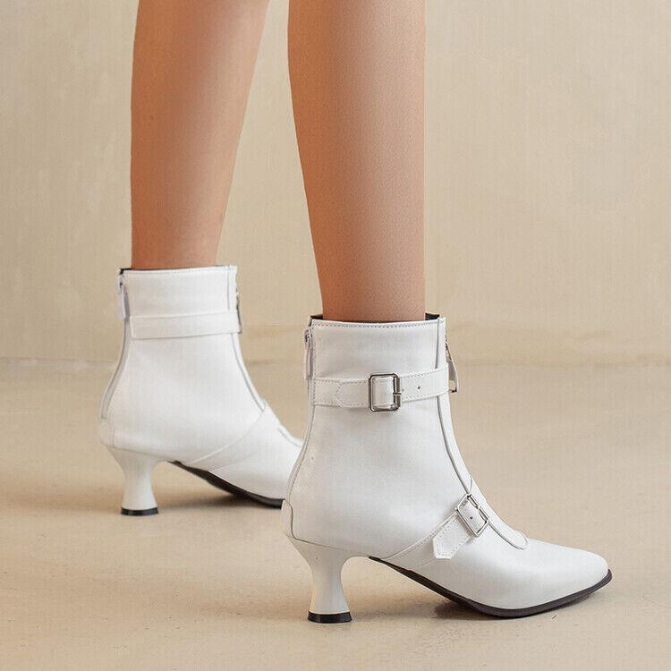 Belt Women’s Kitten Mid Heel Front Zipper Ankle Boots Shoes Cowgirl Denim Retro