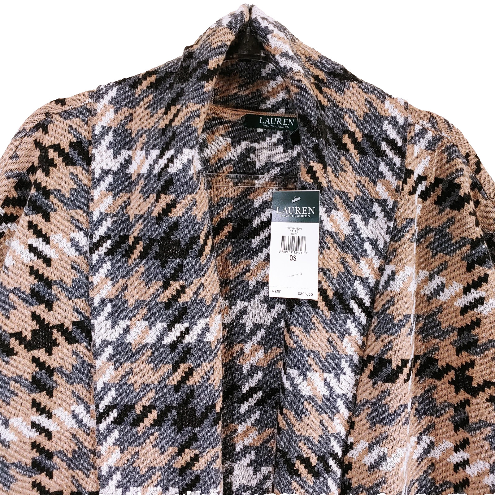 $305 New Lauren Ralph Lauren Long Coat Womens 1X OS Wool Jacket Geometric