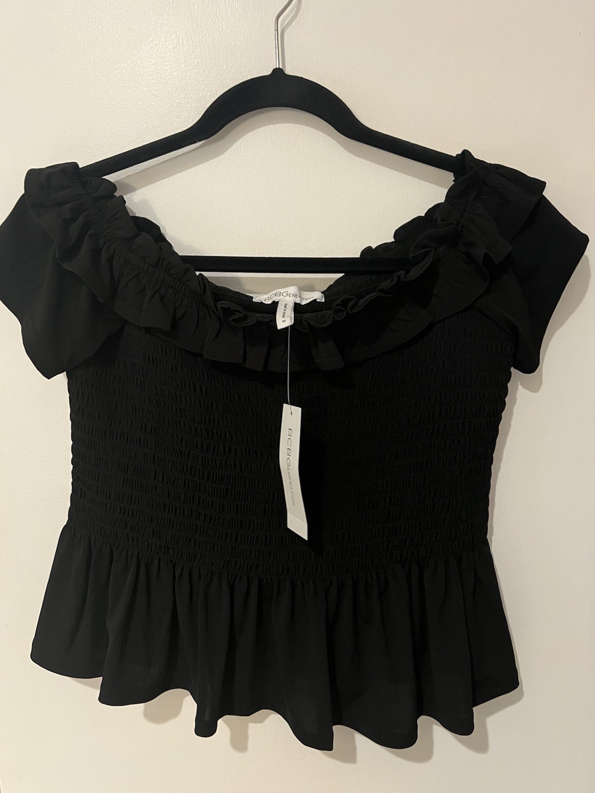 NWT BCBGeneration Women’s Sz Medium Black Off The Shoulder Top Smocked Ruffle
