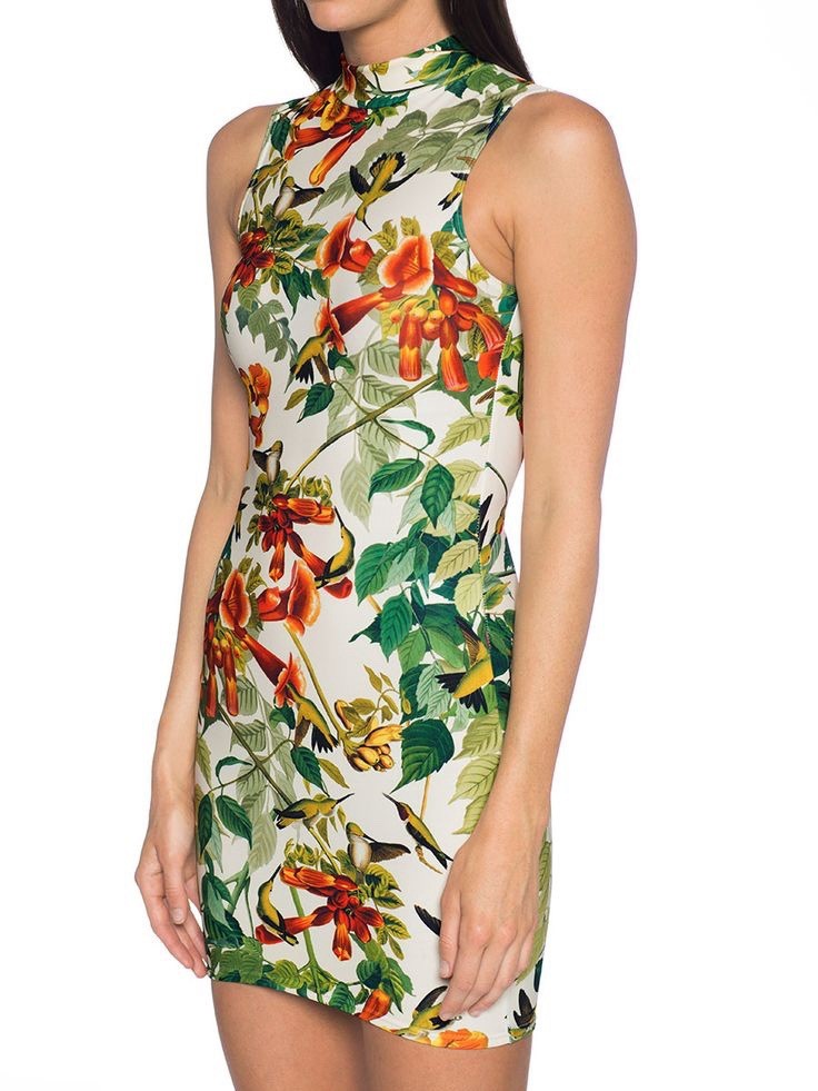Black Milk Hummingbird Dress Form Fitting Sleeveless Stretchy Colorful