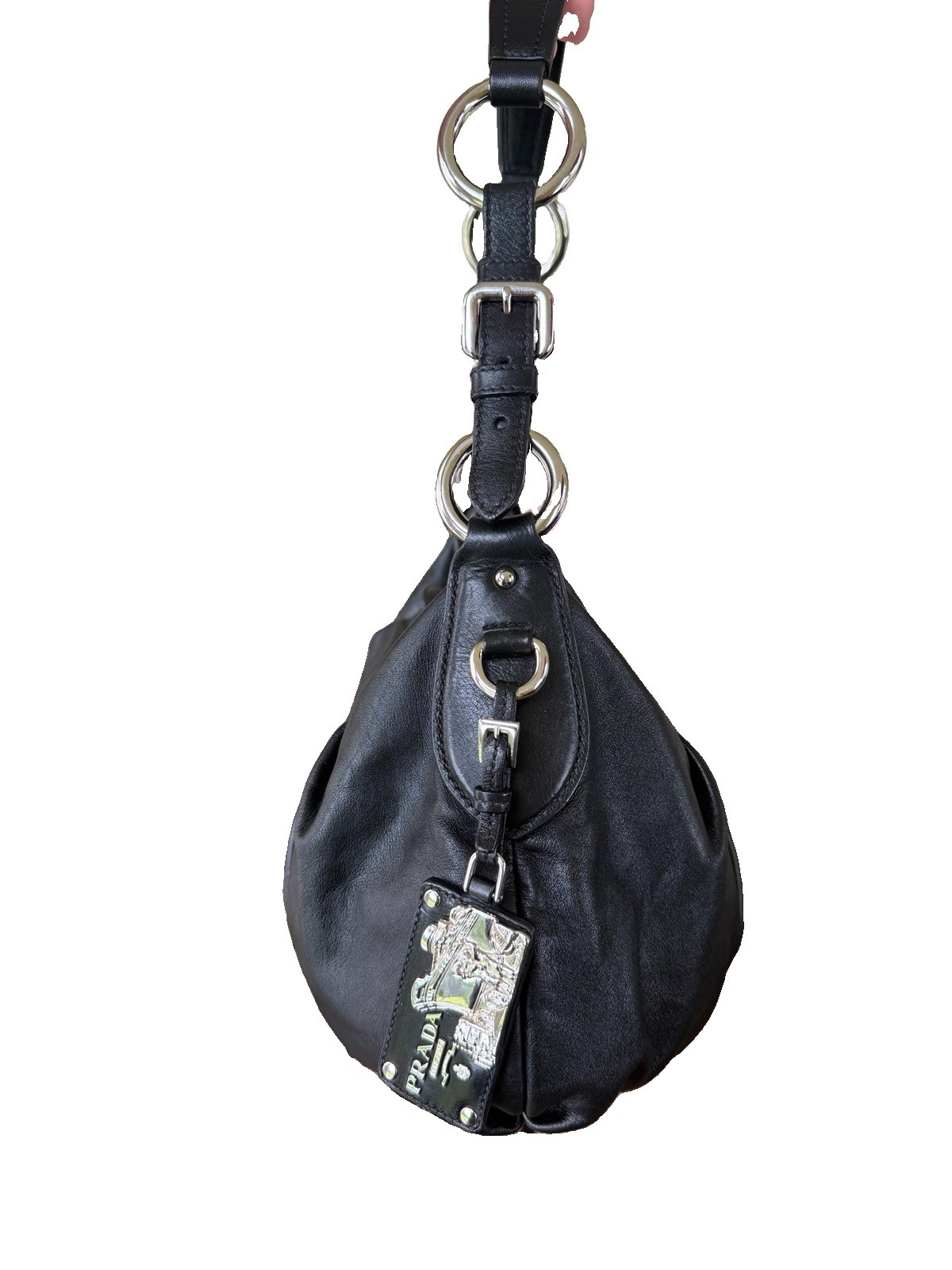 PRADA Black Crescent Shoulder Hobo Bag Zip Silver Hardware Logo Strap Pockets