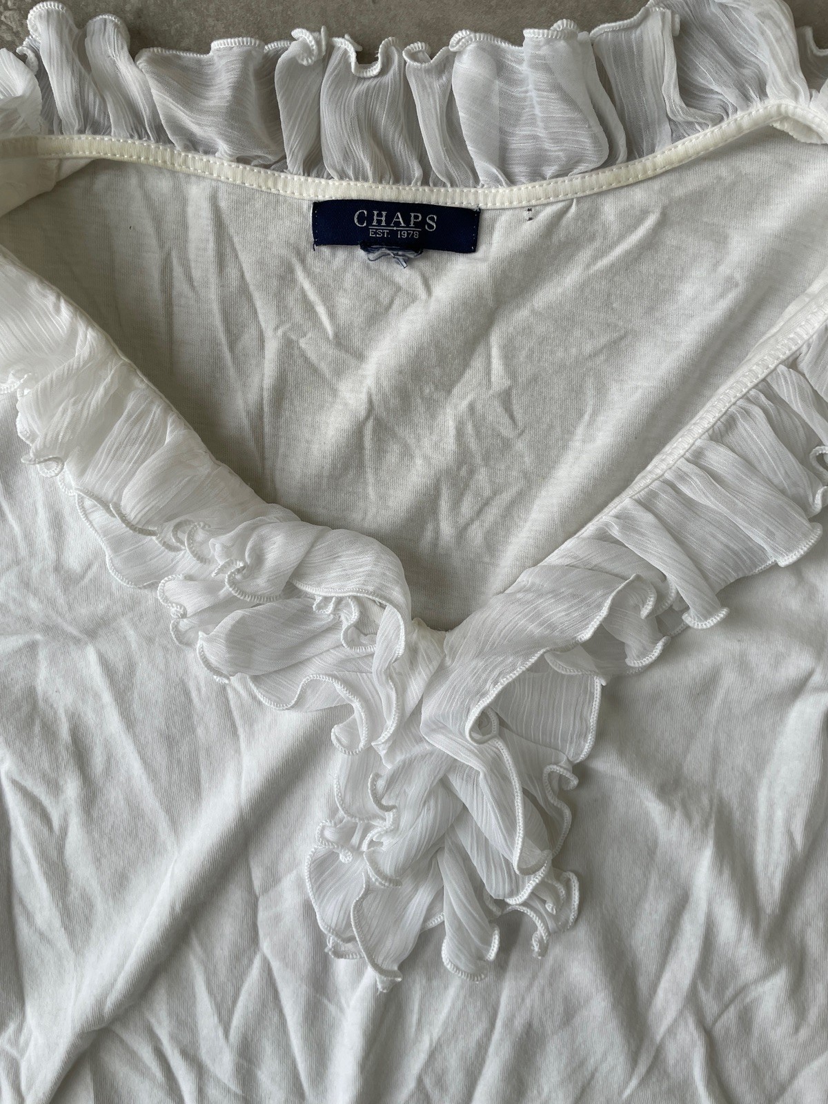 CHAPS Women Ruffle V Neck Long Sleeve Top White Cotton Knit Blouse Romantic Y2K