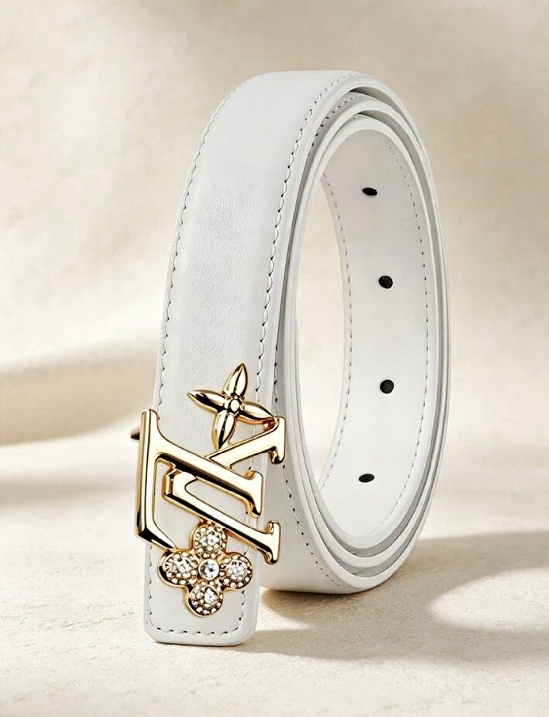 Women’s White Skinny Waist Belt One Size Adjustable Gold-Tone Buckle