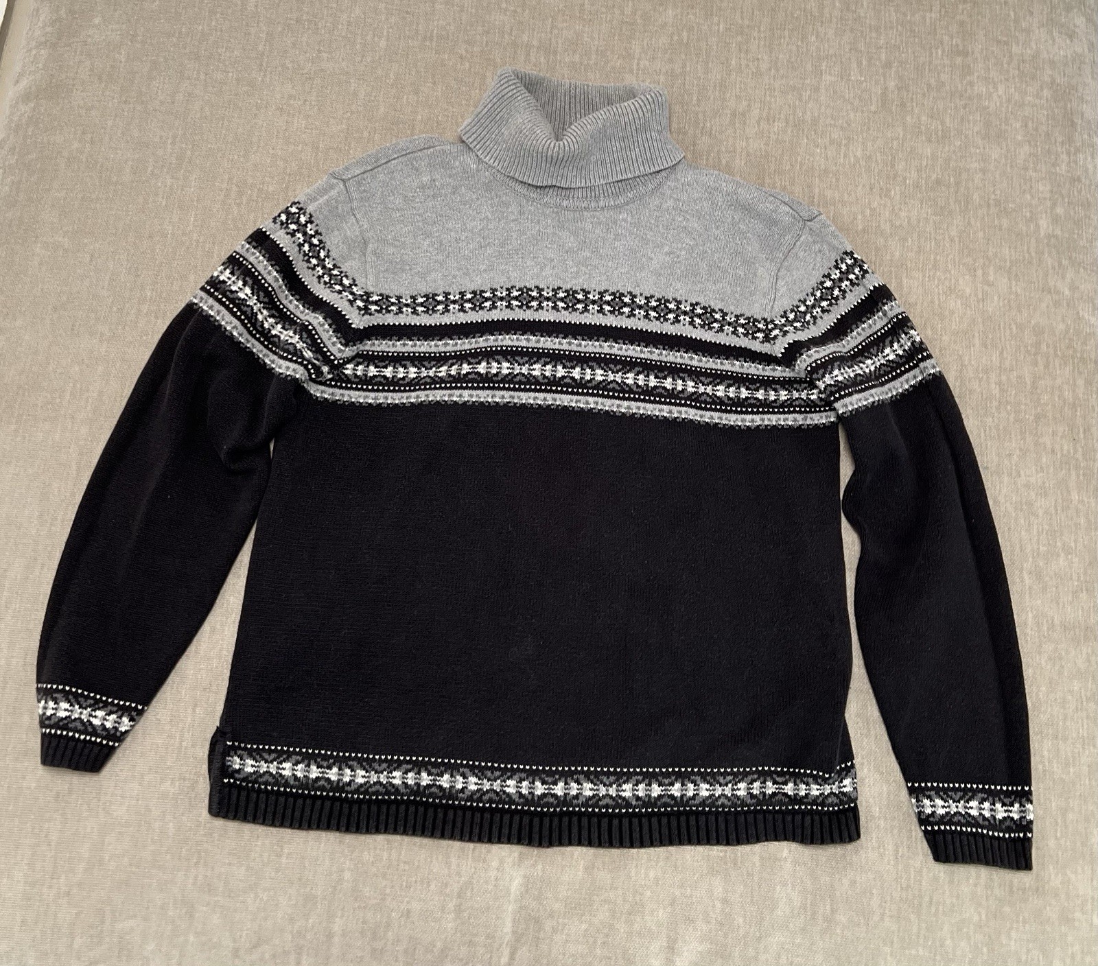 Jeanne Pierre Sweater Nordic Ski Prep Turtleneck 100% Cotton Black Gray Womens M