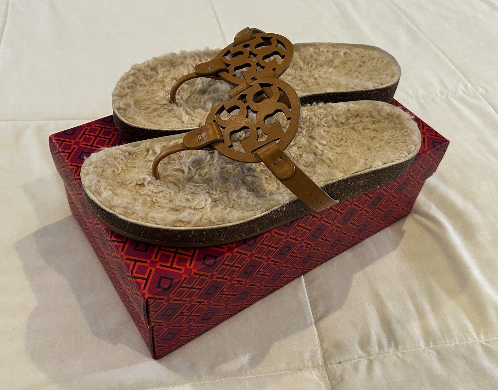 Tory Burch Miller Cloud Shearling Sandals Size 9 – Caramel Corn Nappa Leather