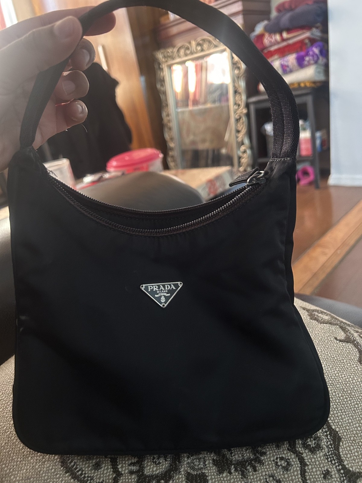 PRADA Re-Edition 2005 Black Shoulder Bag with Zipper Accent Silver Hardware