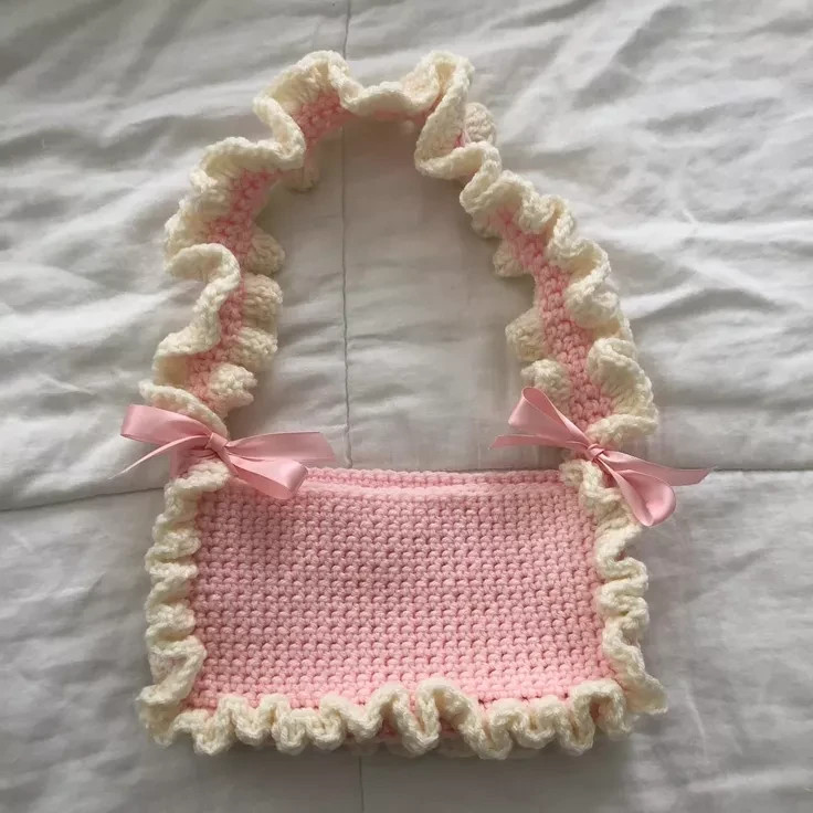 Handmade Crochet Ruffle Bag Cute Bow Purse Aesthetic Shoulder Tote Bag
