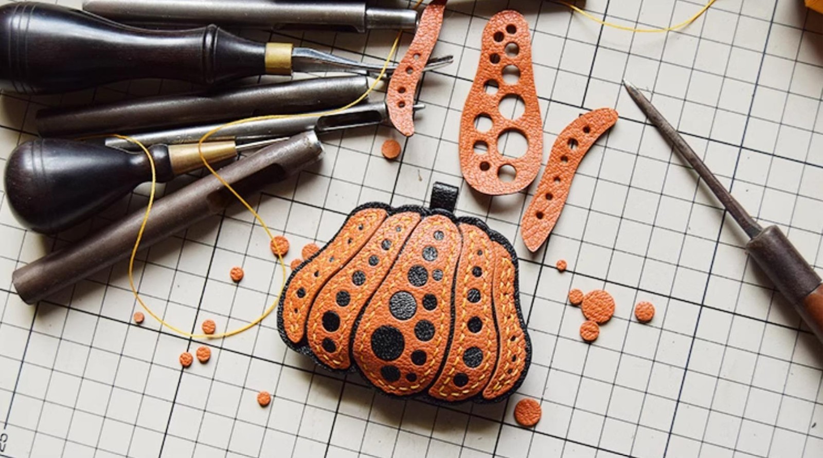 Halloween Pumpkin Bag Charm Pendant Handmade Lambskin Leather Keychain Key Ring