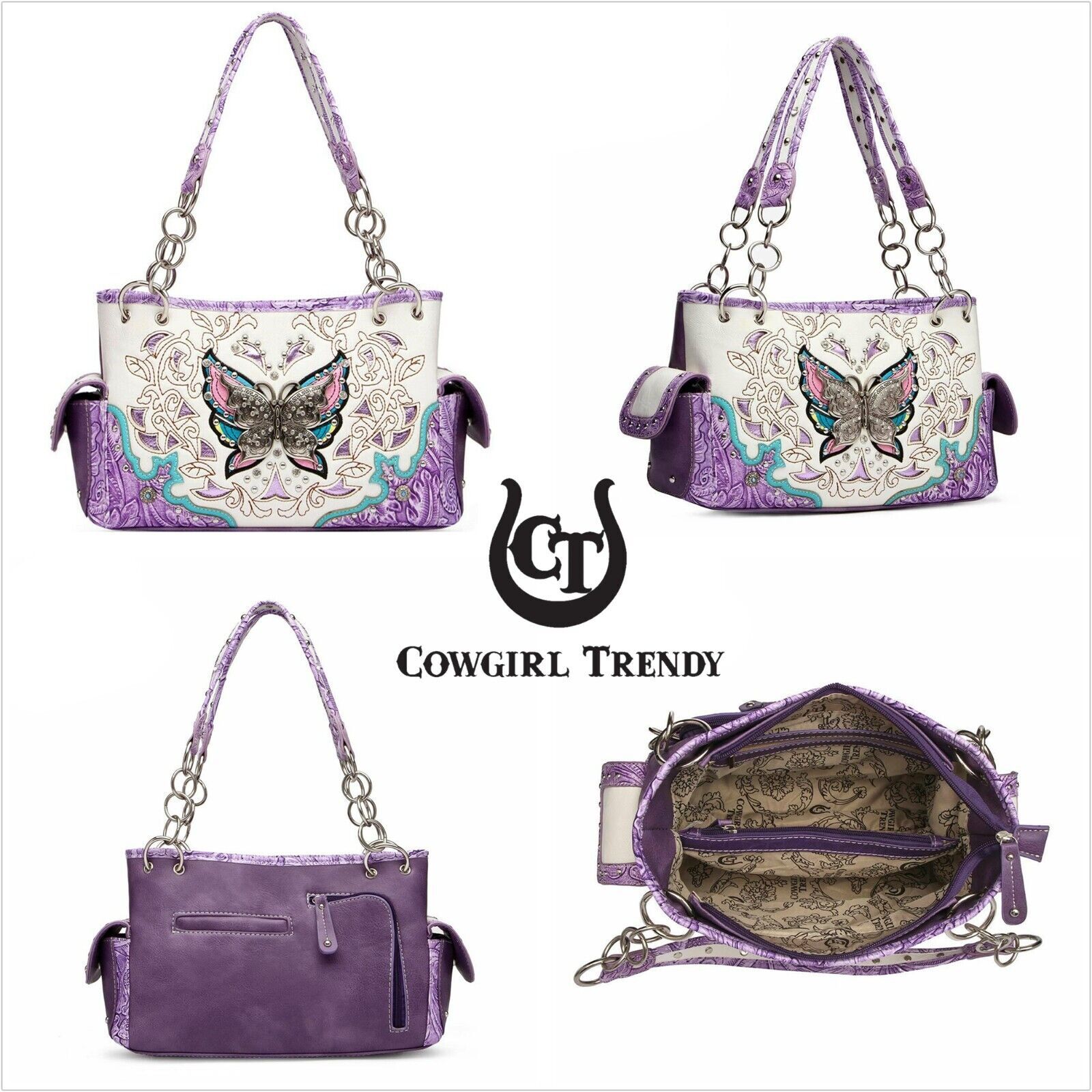 Butterfly Handbag Western Purse Women Shoulder Bag Crossbody Wallet Set Purple