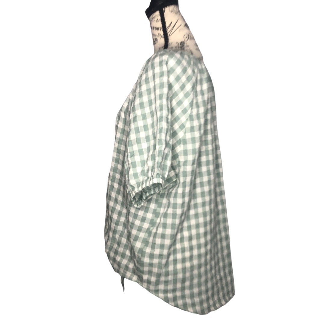 Brina & Em (L) Concetta Tie Front Top – Checkered Short Sleeve Button Front