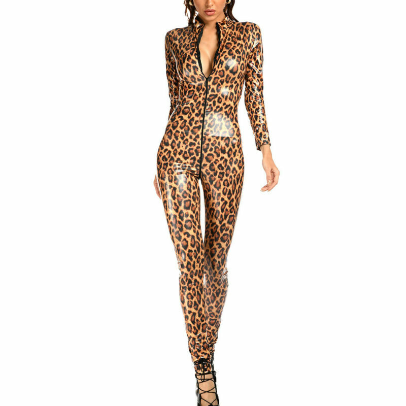 2-Way Zipper Sexy Leopard Print Jumpsuit Leather Wet look Shiny Bodysuit Catsuit