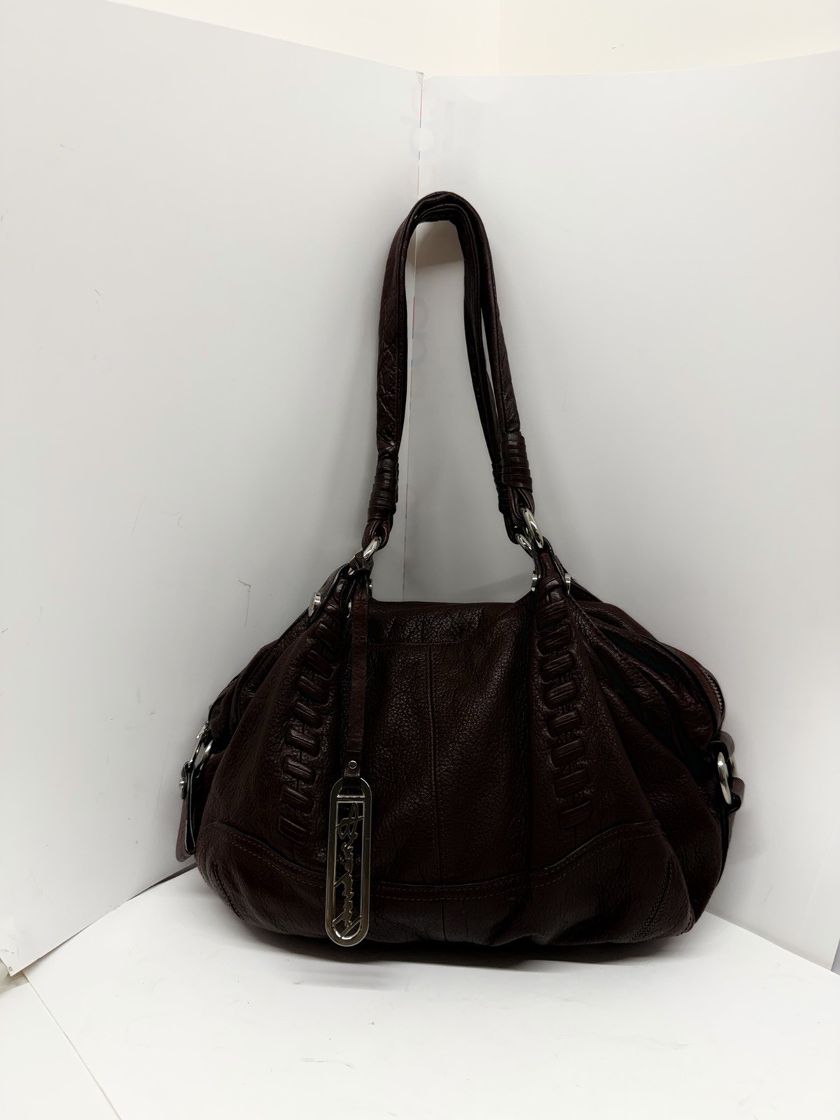 B. Makowsky Brown Pebbled Leather Shoulder Bag Satchel Purse Braided Handles