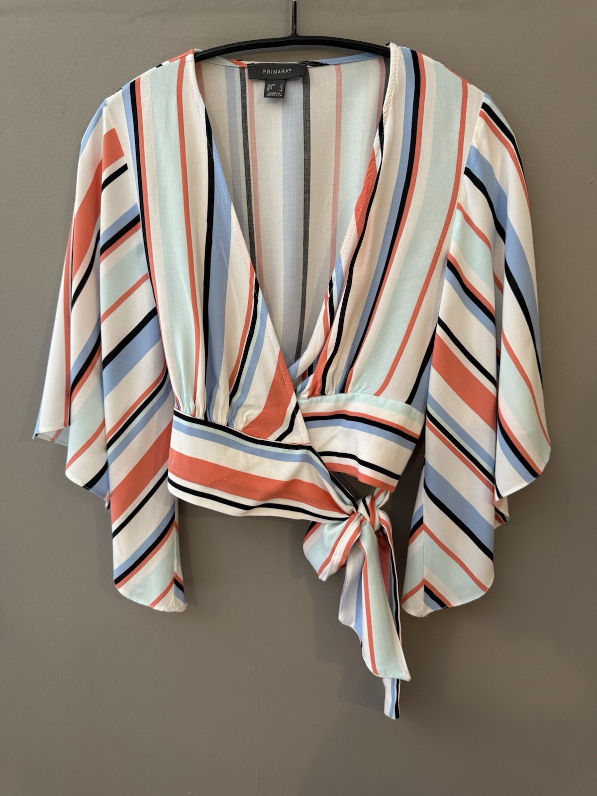 Primark Stripe Tie Front Blouse Size 8 Flowy Sleeve Wrap Style Summer Top