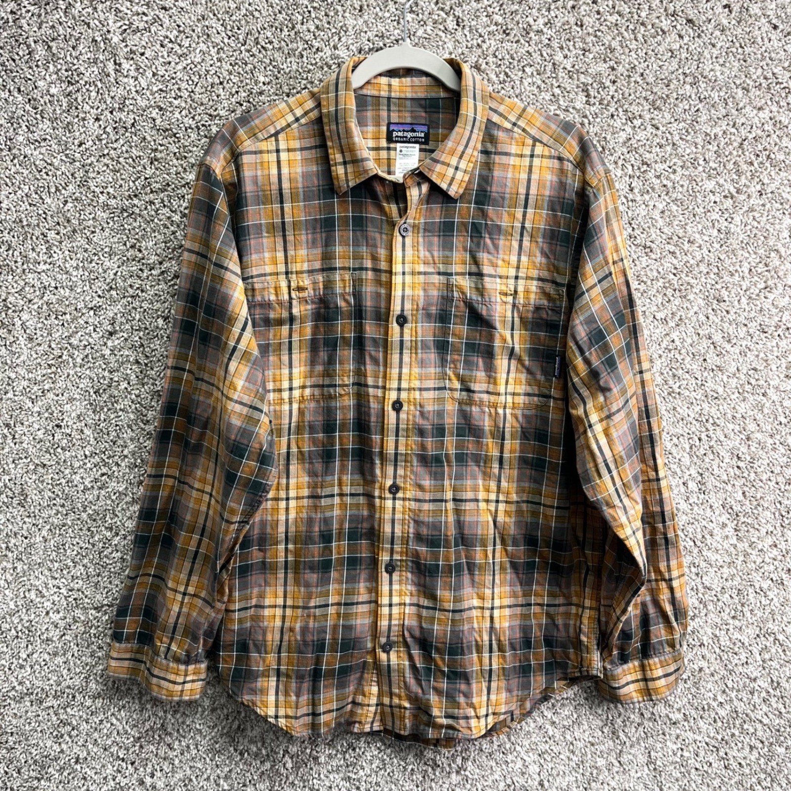 Patagonia Shirt Men’s Medium Black, Brown & Yellow Plaid Long Sleeve Button Up
