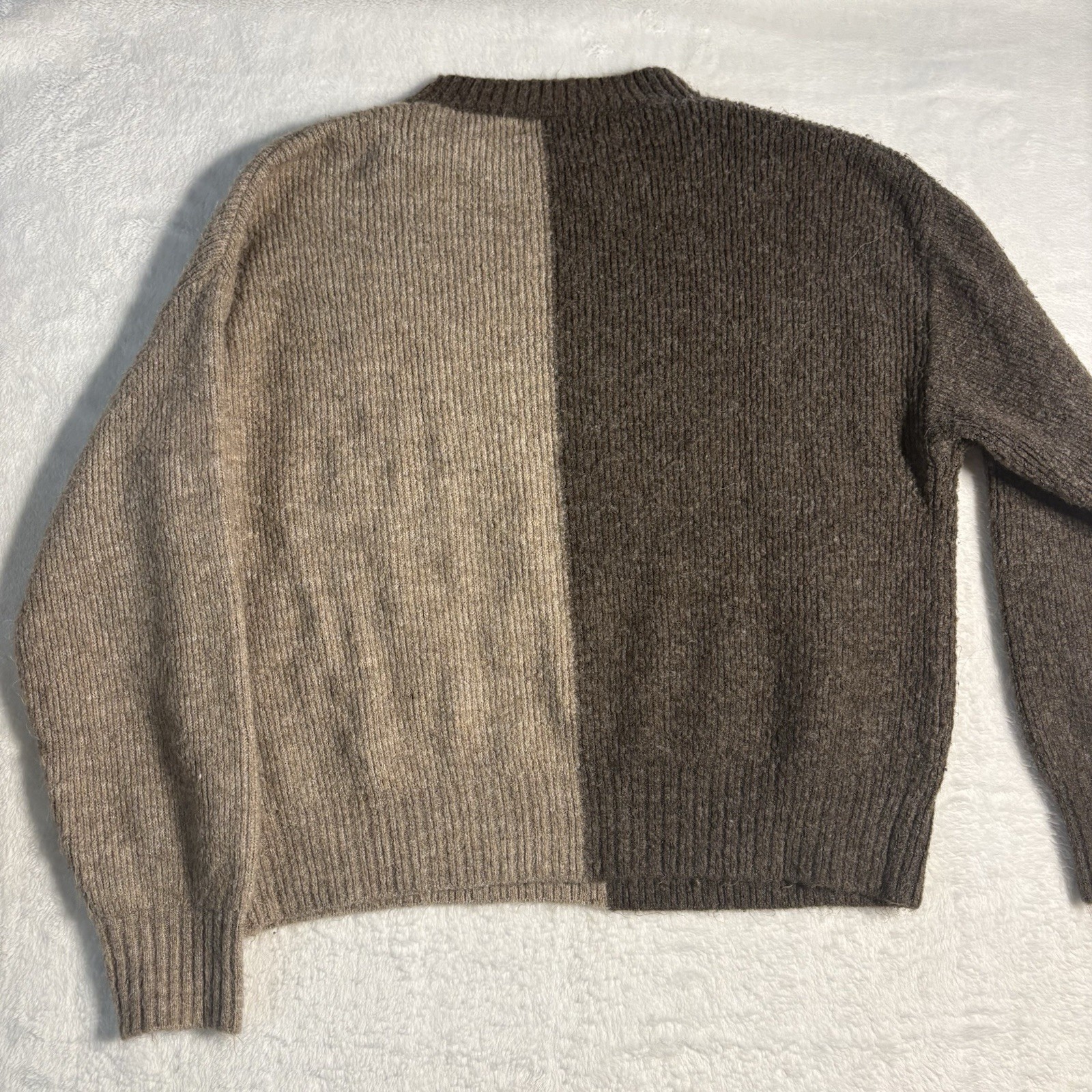 VIGOSS Womens Split Color Crewneck Pullover Cropped Sweater Ribbed Brown Beige S