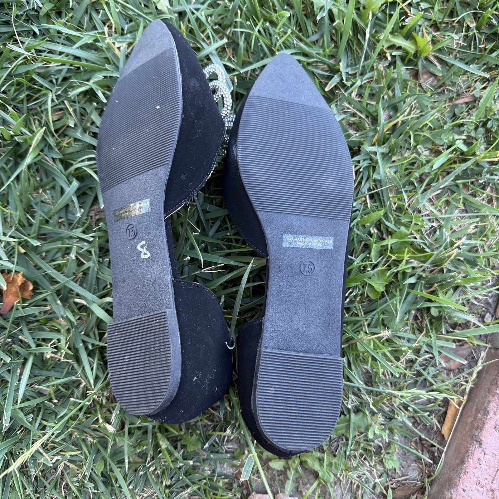 Black Rhinestone Bow Pointed-Toe Flats – Size 7.5 Women’s