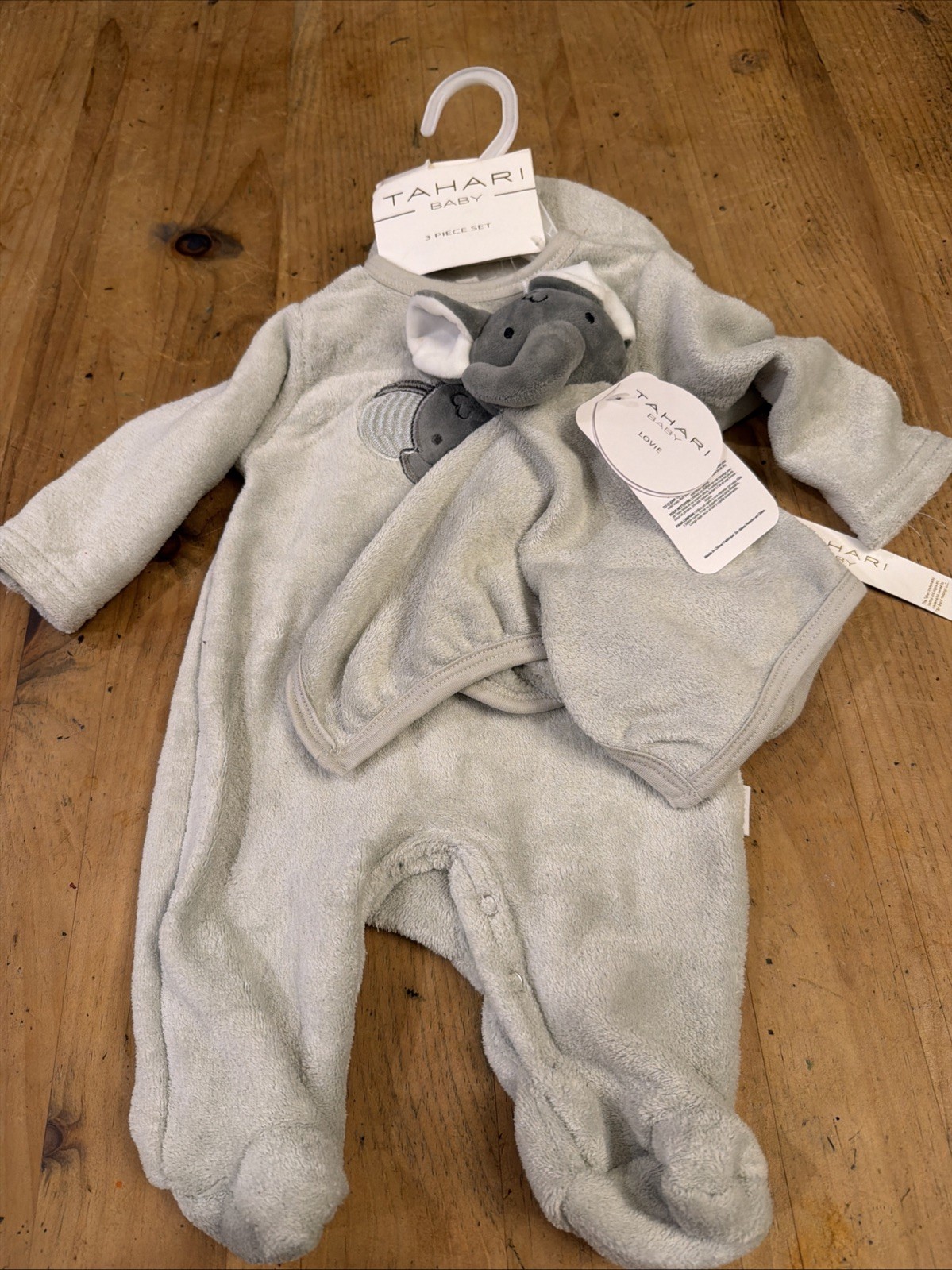 Tahari Baby 3 Pc Elephant Microfleece Set with Hat & lovie Size 0-3M- NWT