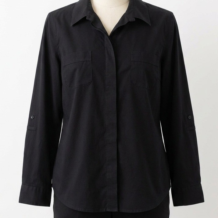 Chico’s Button Down Shirt Womens 12 Black No-Iron Roll Tab Sleeve Pocket Cotton