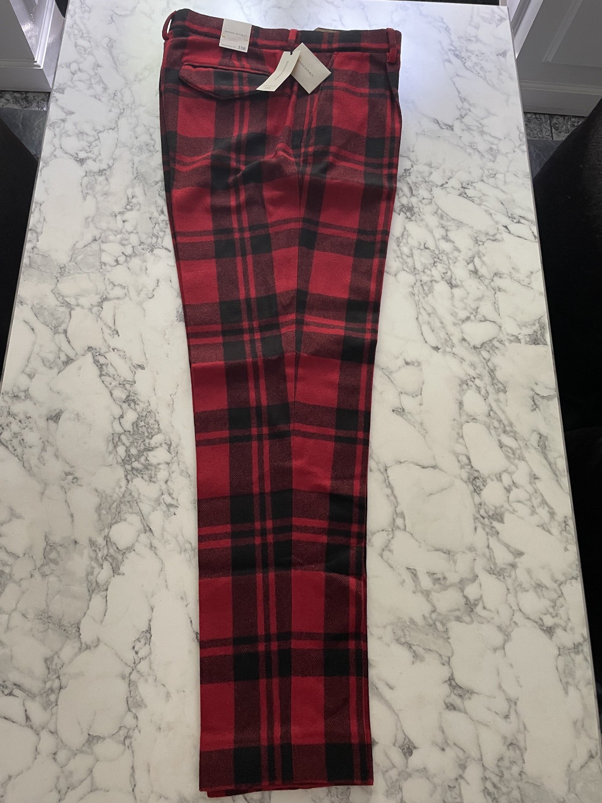 BANANA REPUBLIC $300 Mario Bellucci RED BLACK BUFFALO PLAID WOOL 33 R MENS PANTS