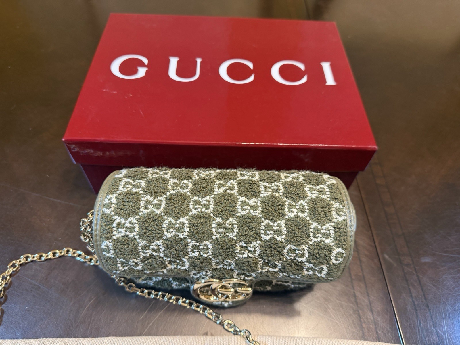 New Authentic Gucci GG Marmont Tweed Logo Shoulder Bag Mini Green