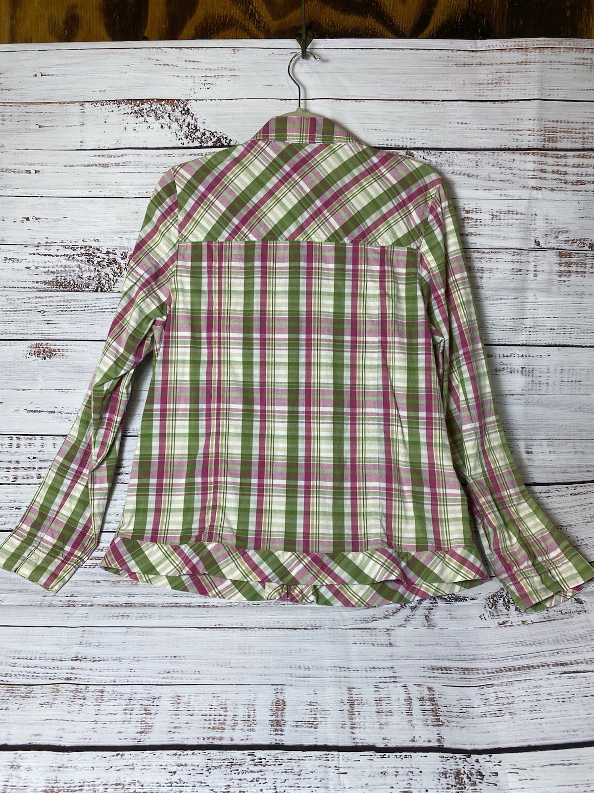 blast… Women’s M Green/Pink/White Plaid Cotton Woven Collared Zip Blouse