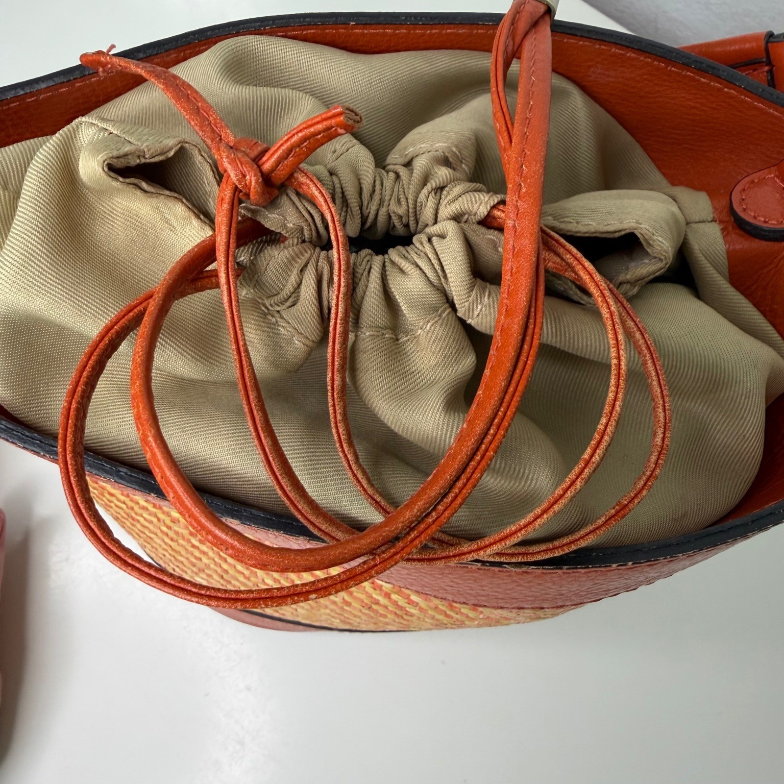 Divina Firenze Bucket Bag Womens Orange Woven Straw Leather Italian Boho Small