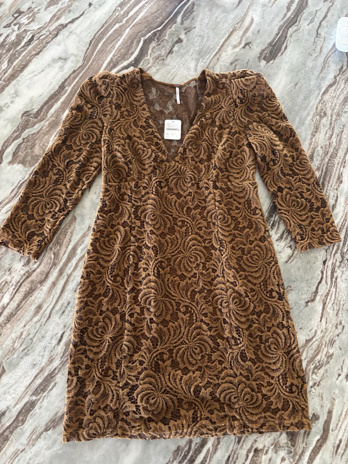 🤎Free People Lace Dress Medium Brown Caramel Floral Sheer Sleeve Boho Romantic