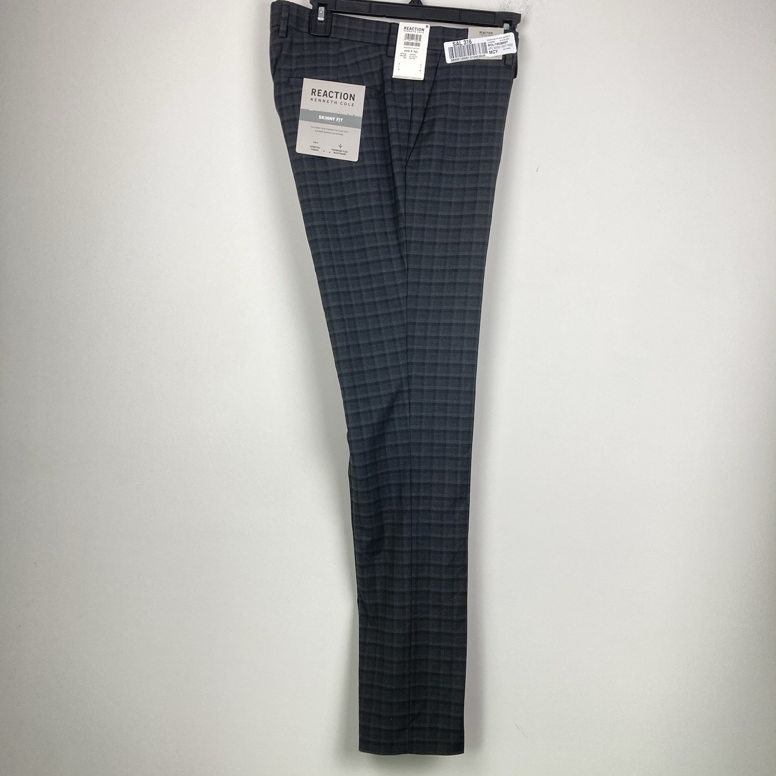 Kenneth Cole Reaction Men’s Pants Gabardine Skinny Fit Stretch 34W 32L Plaid