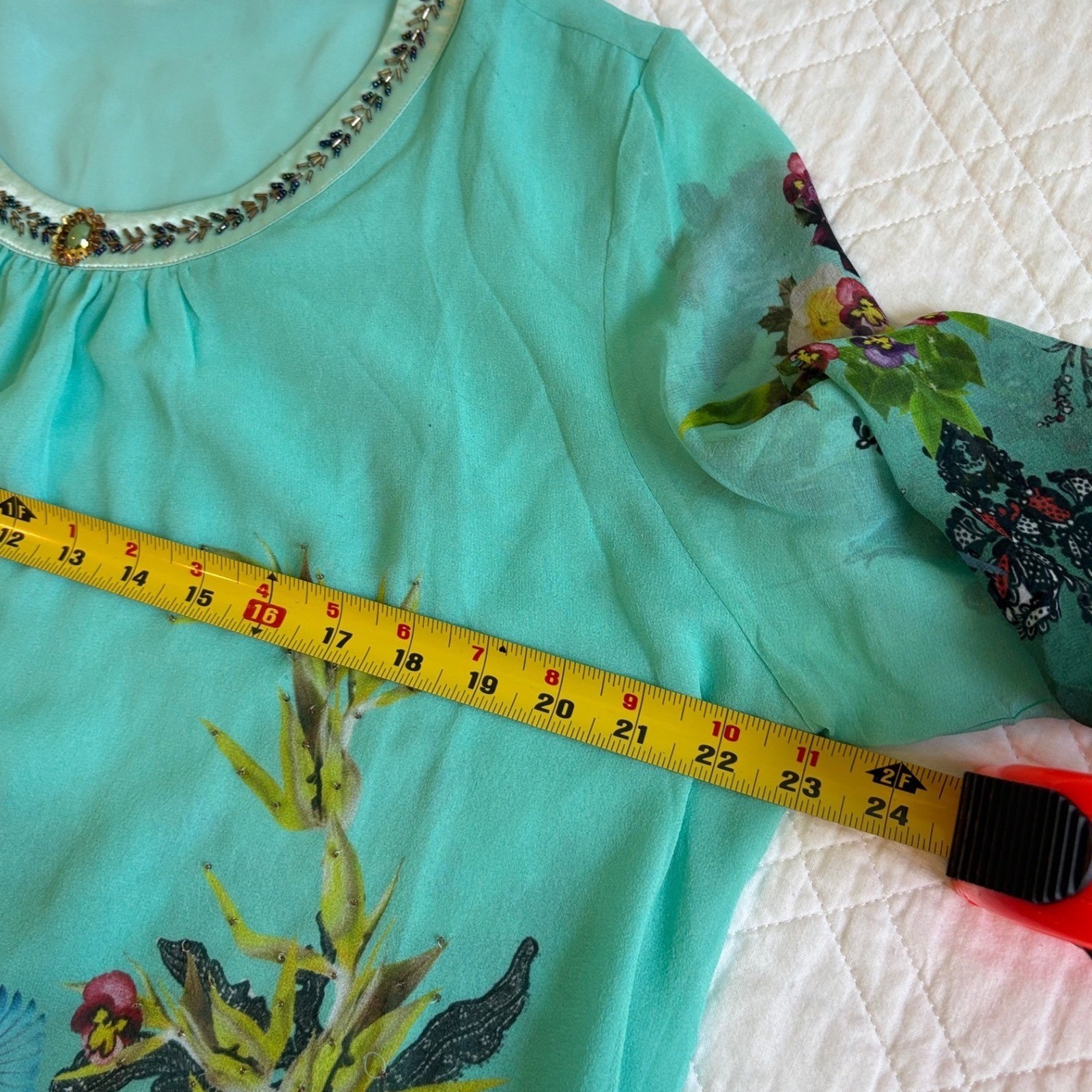 LESELE 100% Mulberry Silk Floral Beaded Blouse XL Green Boho Rose Bird Tunic