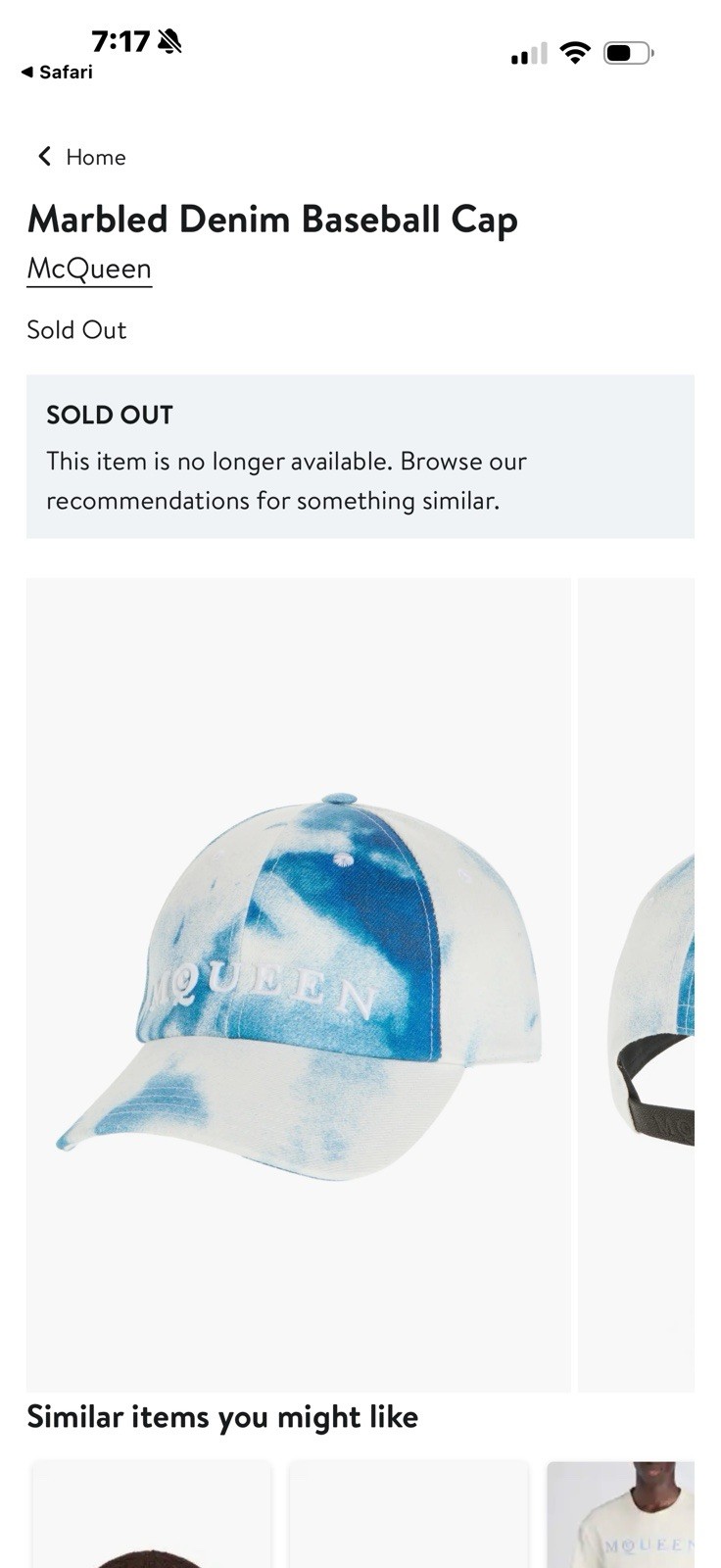 Alexander McQueen Marbled Ivory/Blue Baseball Cap XL Adjustable Designer