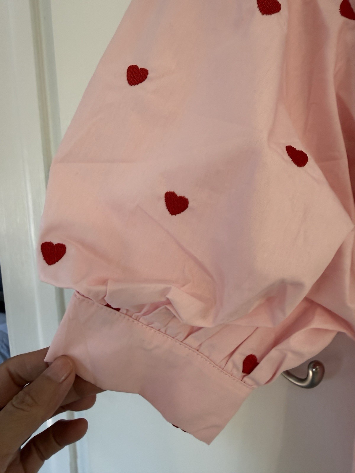 Heart Embroidered Button Down Blouse With Puff Sleeves Size M
