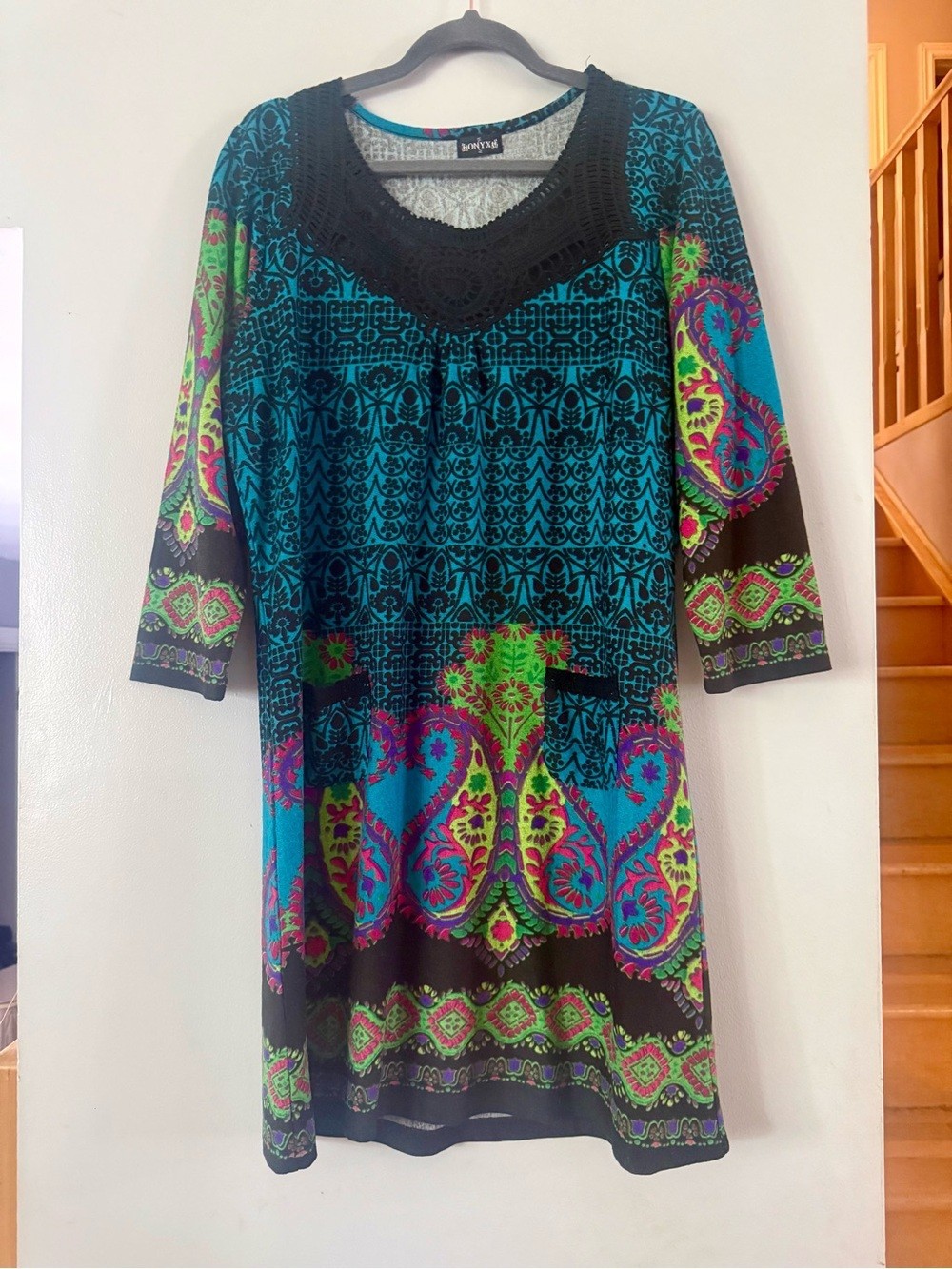 ONYX Boho Paisley Tunic Shift Dress Teal Pink Neon Green Crochet Neck XL